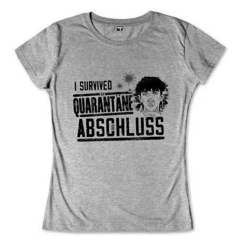 Eine grafische Darstellung mit Text "I Survived den Quarantäne Abschluss 2020" und einem stilisierten Gesicht mit Maske.
