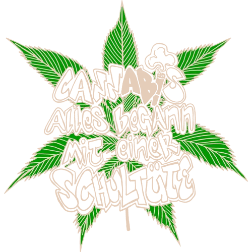 Grafik eines Cannabisblatts mit deutschem Text "Cannabis, alles begann mit einer Schultüte" in Weiß.