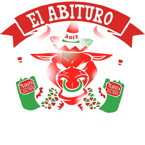 Grafik einer roten Bullenfigur mit Sombrero, umgeben von zwei grünen Flaschen und rotem Banner "El Abituro 2017".