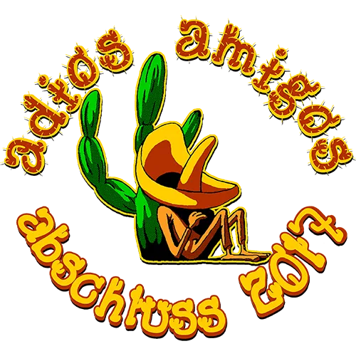 Illustration eines grünen Kaktus mit Sombrero, der sitzt. Text "adios amigos abschluss 2012" in Gelb.