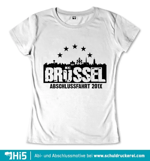Schwarze Silhouette von Brüssels Skyline und Sternen mit Text "BRÜSSEL ABSCHLUSSFAHRT 201X" auf grauem Hintergrund.