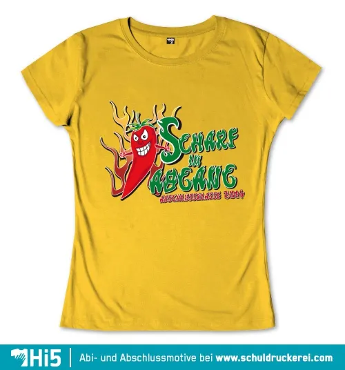 Eine animierte rote Chili mit einem Gesicht und vielen Armen auf einem gelben Hintergrund, Text „Scharf für Abgang - Abschlussklasse 2014“.