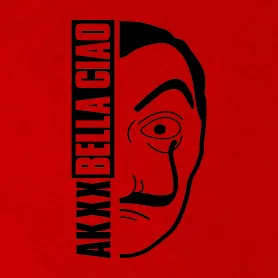 Schwarze Grafik eines maskierten Gesichts mit dem Text "Bella Ciao" seitlich.