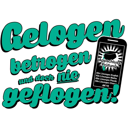Grafik mit Text "Gelogen betrogen und doch nie geflogen!" und einem Smartphone-Bildschirm, der eine App zeigt.
