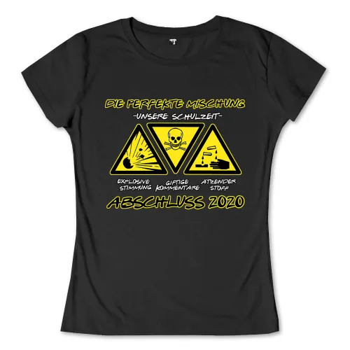 Schwarzes T-Shirt mit drei gelben Warnschildern, Aufschrift "Die perfekte Mischung - Unsere Schulzeit", "Abschluss 2020".