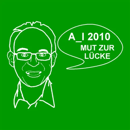 Weiße Linienzeichnung eines Mannes mit Brille und Textblase auf grünem Grund.