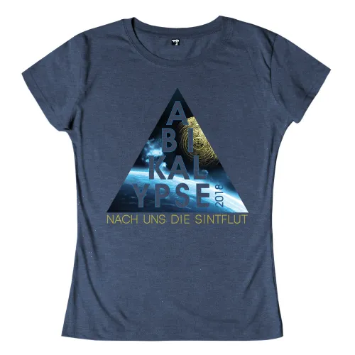Dreieckiges Design mit den Worten "ABI KALYPSE 2018", Weltraum und Bitcoin, "Nach uns die Sintflut" am unteren Rand.
