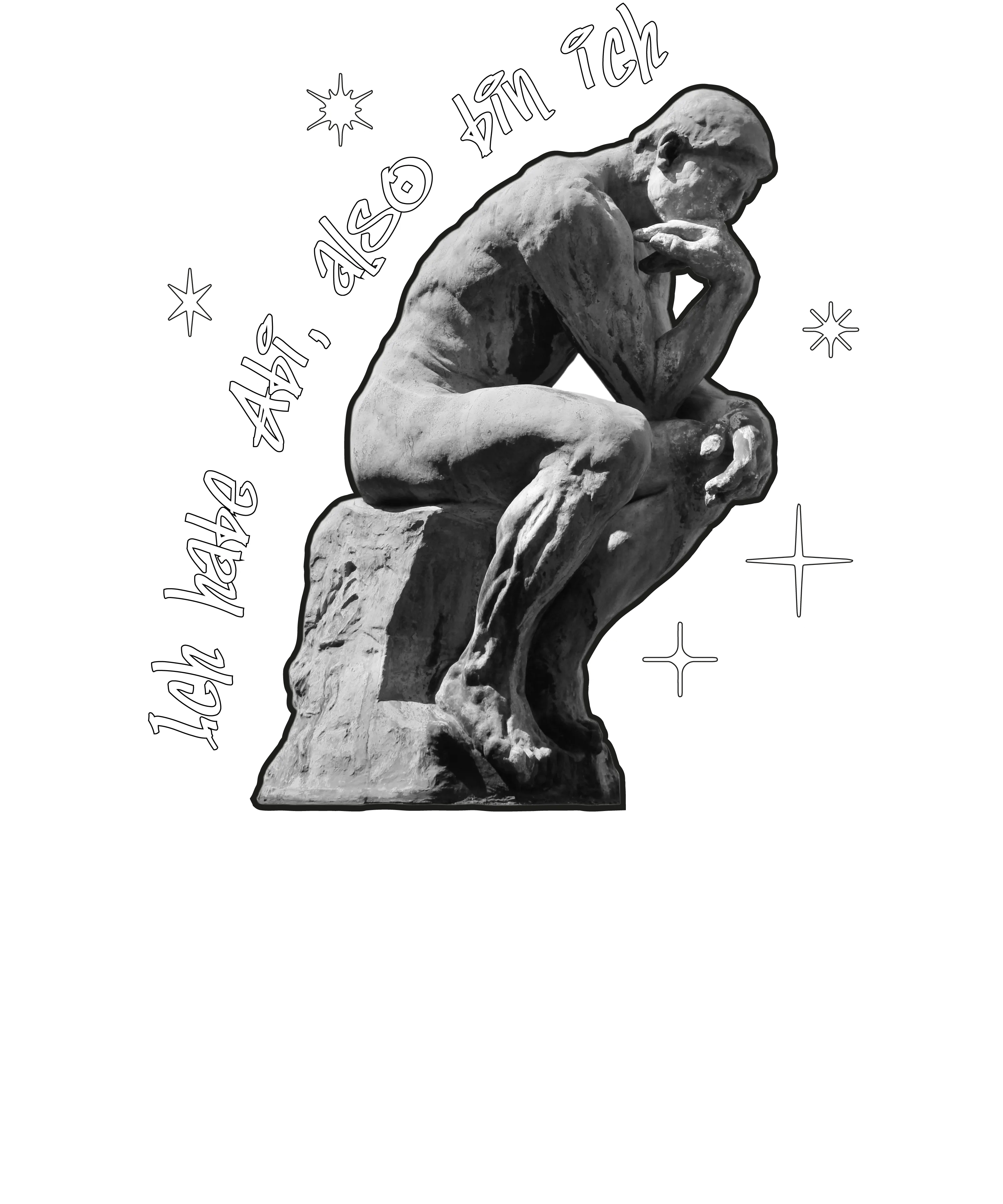 Schwarzweissbild einer sitzenden Bronzeskulptur vor Gitterkugel mit Sternen Schrift Ich habe also bin ich ABIX Logo und Textblöcken