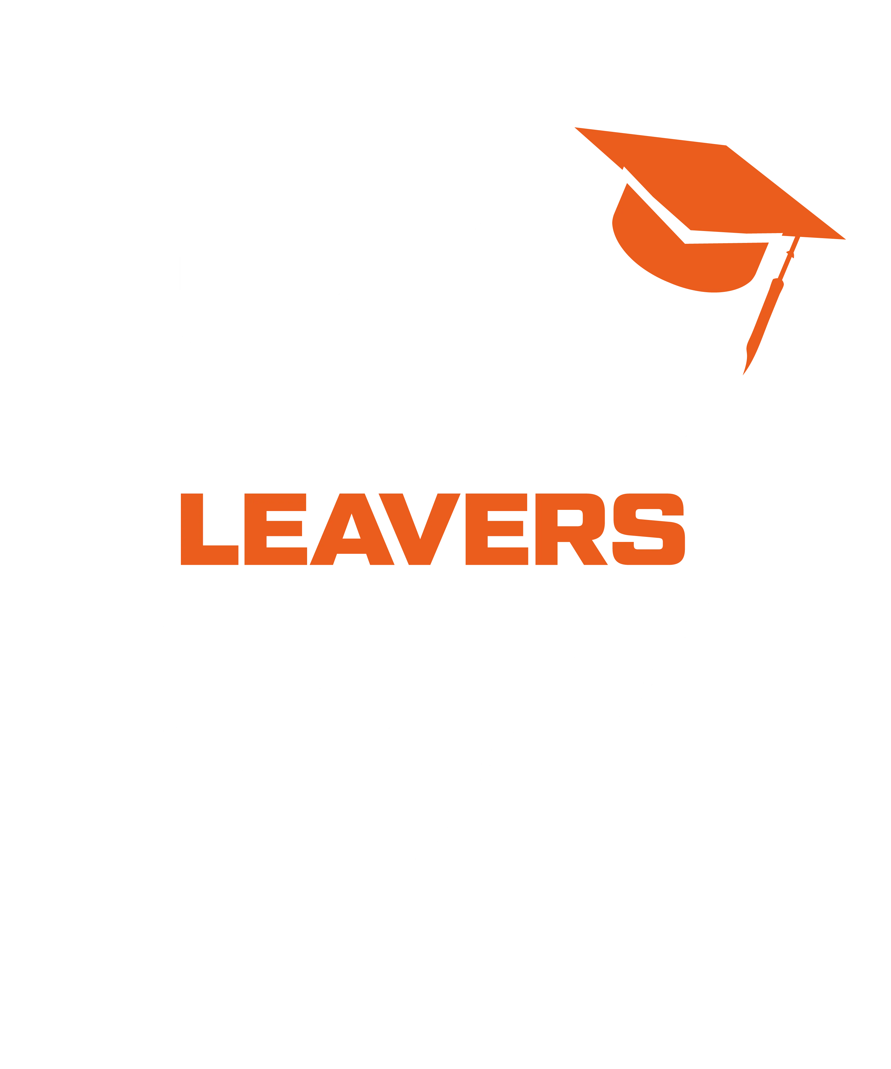Schwarzer Hintergrund mit weissen Umrisszahlen 20 oben 2X unten orangefarbigem Schriftzug LEAVERS und orange Abschlusskappe auf der Null