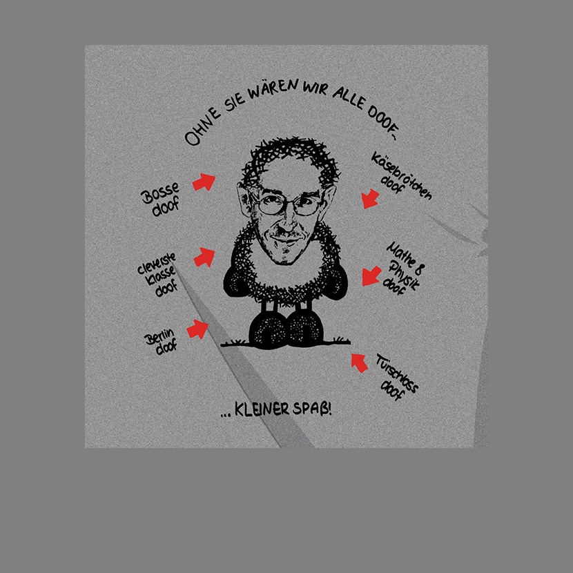 Karikatur eines Mannes auf einem grauen T-Shirt mit umgebenden Bemerkungen und Pfeilen.