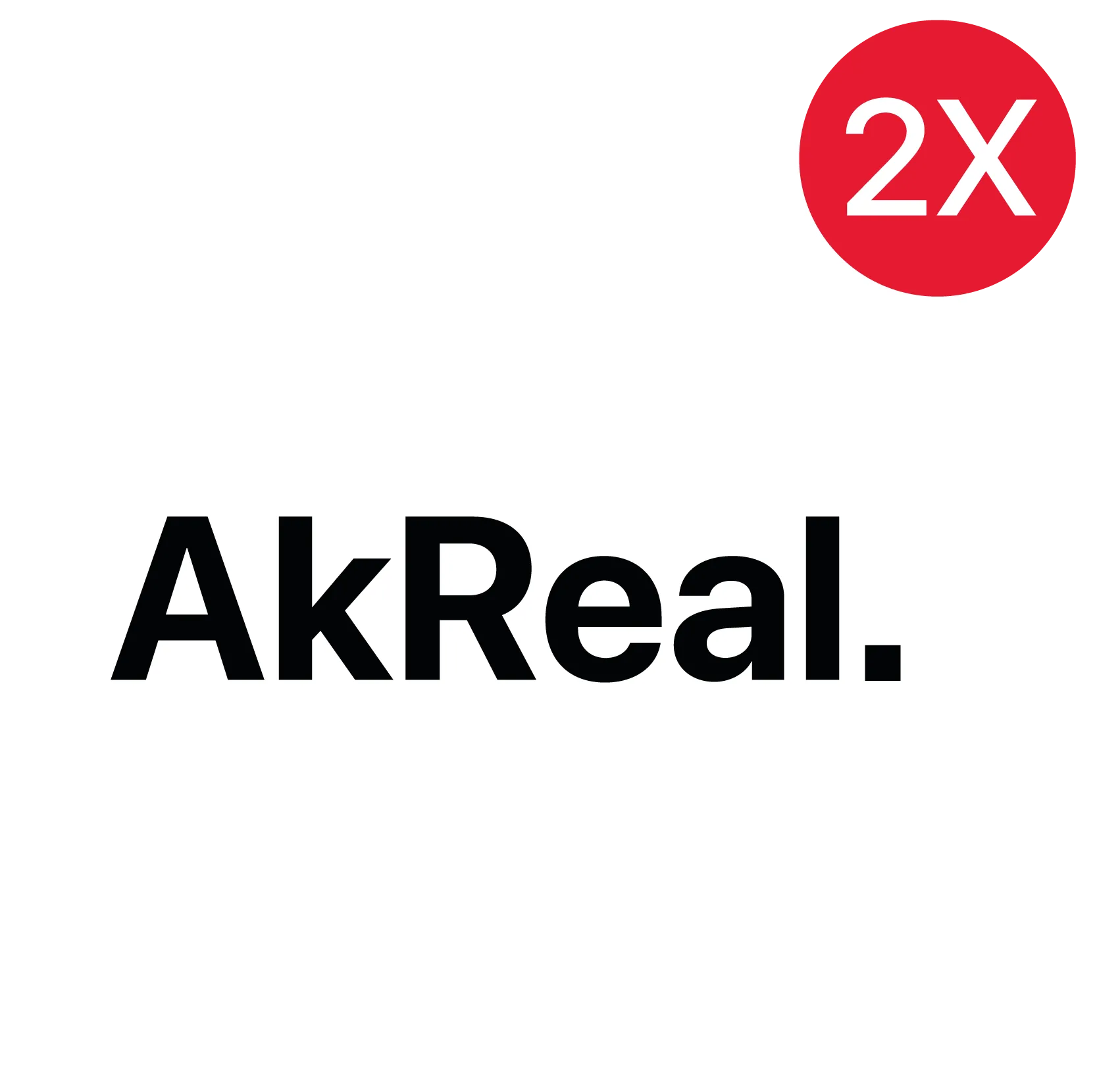 Weisser abgerundeter quadratischer Icon Hintergrund mittig schwarzer Text AkReal punkt oben rechts roter Kreis mit weisser Aufschrift 2X