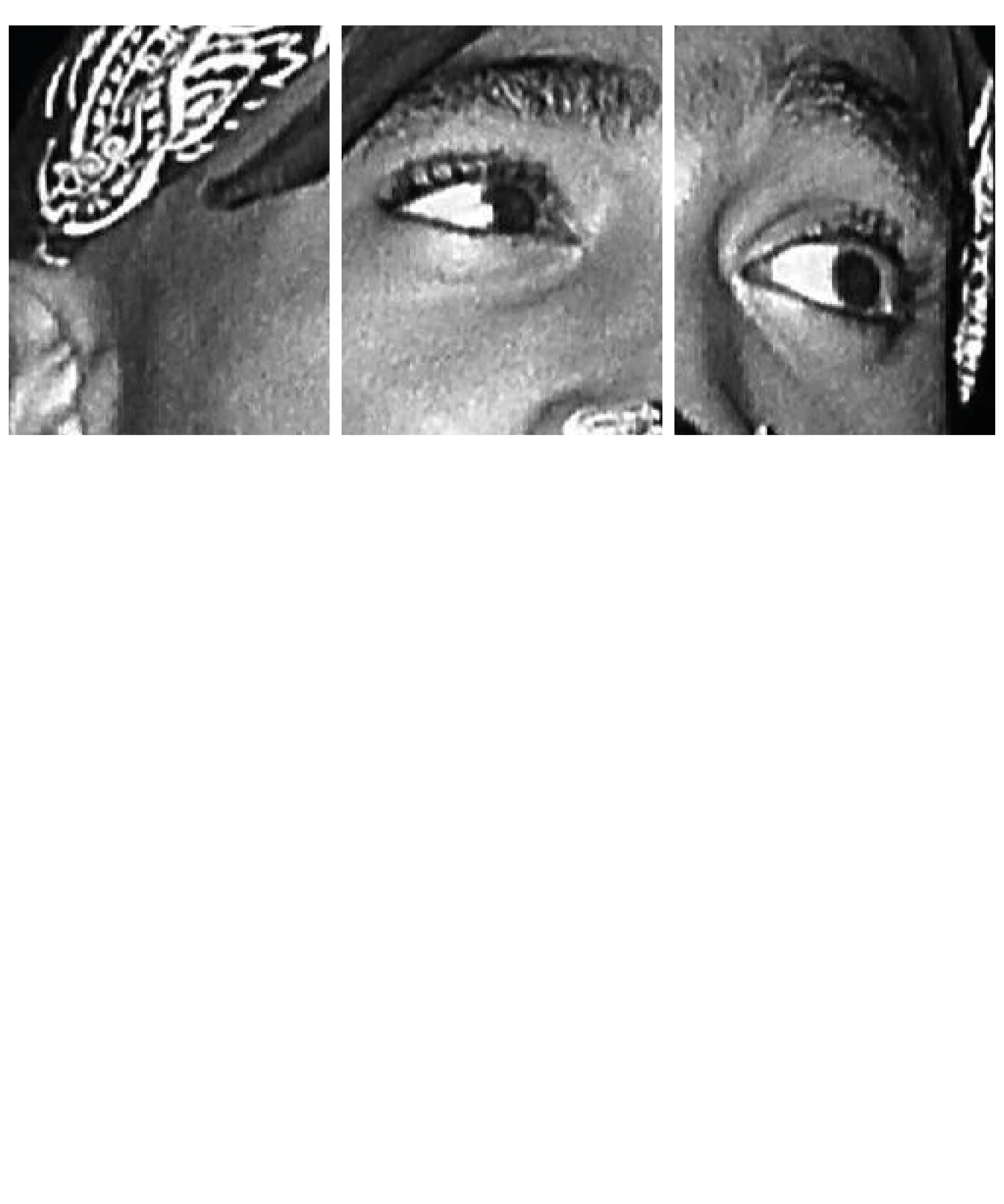 Drei Nahaufnahmen von Augen einer Person mit Bandana ueber dem Text ALL EYEZ ON US in grossen weissen Buchstaben ueber einer Liste von Namen