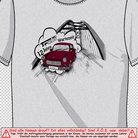 Ein Grafik-T-Shirt zeigt ein rotes Auto, das aus einem Tunnel fährt, umgeben von der Aufschrift 'Traffi wartezit 12 Jahre'.