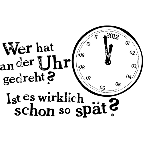 Blauer Stoff mit einer Grafik einer Uhr und dem Text "Wer hat an der Uhr gedreht? Ist es wirklich schon so spät?"