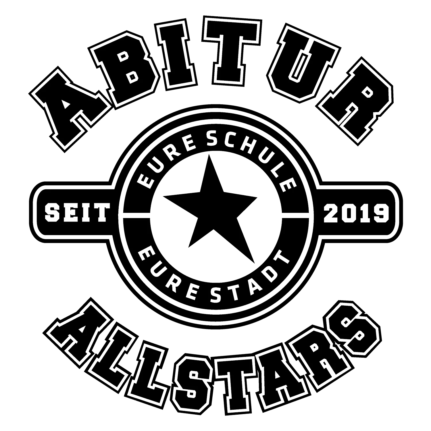 Schwarz-weißes Logo mit "Abitur" oben, Stern im Zentrum umgeben von "Eure Schule Allstars" und "2019".