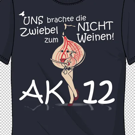 Comic-Zwiebel mit roten Schuhen und Handschuhen, Text "UNS brachte die Zwiebel NICHT zum Weinen! AK 12" auf T-Shirt.