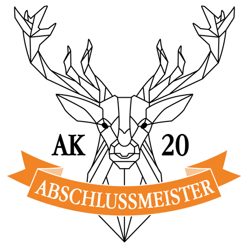 Symbol in Batman-Form mit oranger Schrift auf blauem Band: "ABSCHLUSSMEISTER"