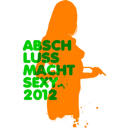Silhouette einer stehenden Person mit erhobenem Zeigefinger, Text "ABSCHLUSS MACHT SEXY 2012" in Orange auf schwarzem Hintergrund.