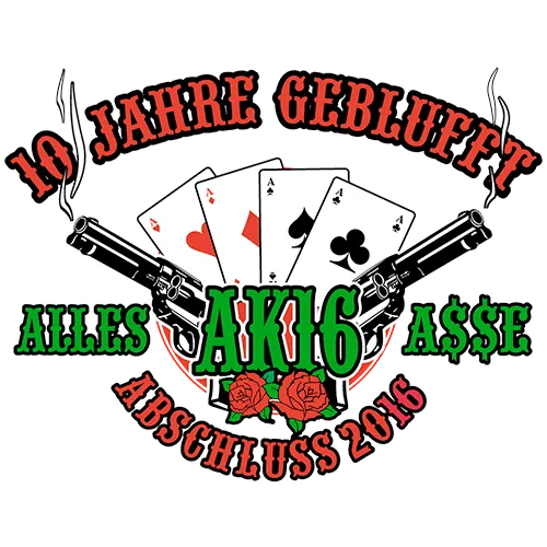Design für ein Abschluss-T-Shirt mit den Worten "10 Jahre geblufft", kreuzenden Pistolen, Spielkarten und Rosen.