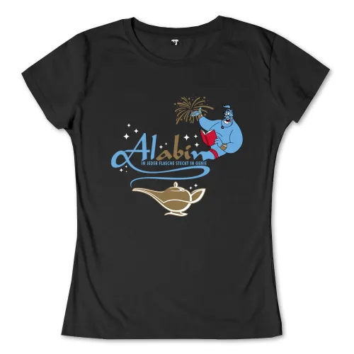 Blaue Zeichentrickfigur liest ein rotes Buch und hat einen Kopfputz, neben einer goldenen Wunderlampe.