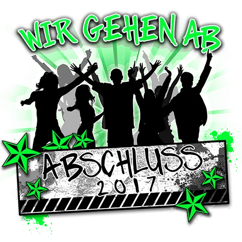 Grafik mit Silhouetten von feiernden Personen und dem Text "Wir gehen ab Abschluss 2017".