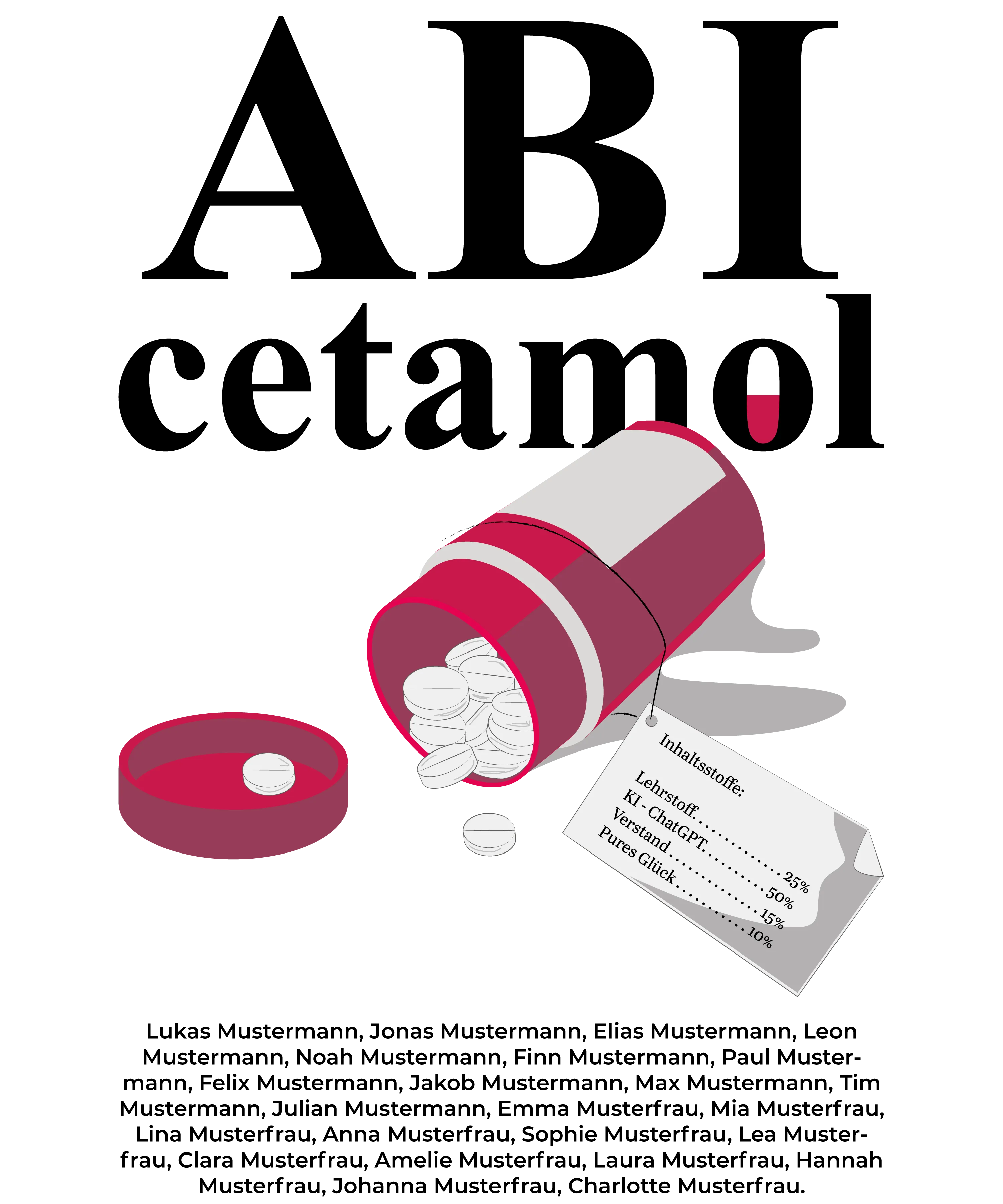 Rotweisses Pillenrohr liegt seitlich mit herausgefallenen runden Tabletten eine rotweisse Kapsel und ein Zettel mit Zutaten und Prozentangaben