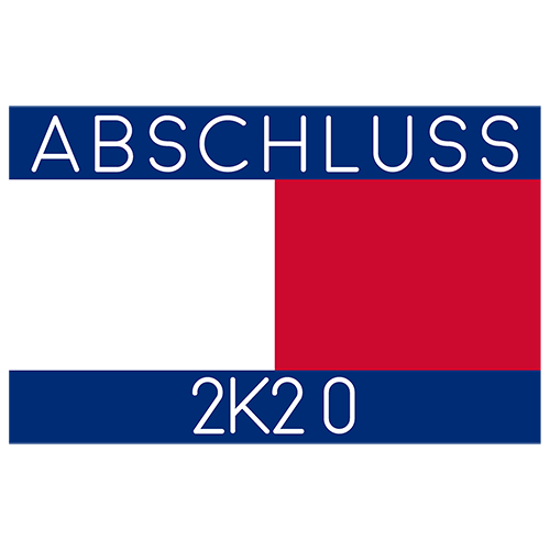 Quadrat mit blauem oberem Teil, darum weiß und rot mit 'ABSCHLUSS' und '2K20' in Weiß.