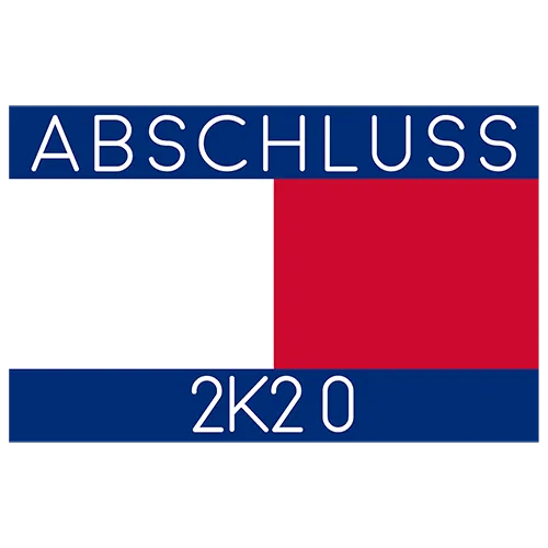 Quadrat mit blauem oberem Teil, darum weiß und rot mit 'ABSCHLUSS' und '2K20' in Weiß.