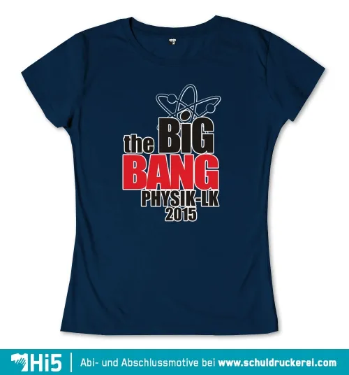 Dunkelblaues Bild mit weißer und roter Textgrafik: "the BIG BANG PHYSIK-LK 2015" und Atomsymbol.