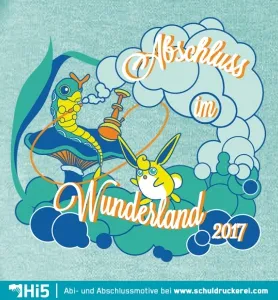 Grafik mit zwei Cartoon-Tieren, die eine Shisha rauchen, Text "Abschluss im Wunderland 2017".