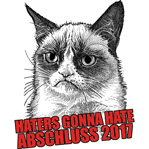Illustration einer mürrischen Katze mit dem Text "Haters Gonna Hate Abschluss 2017".