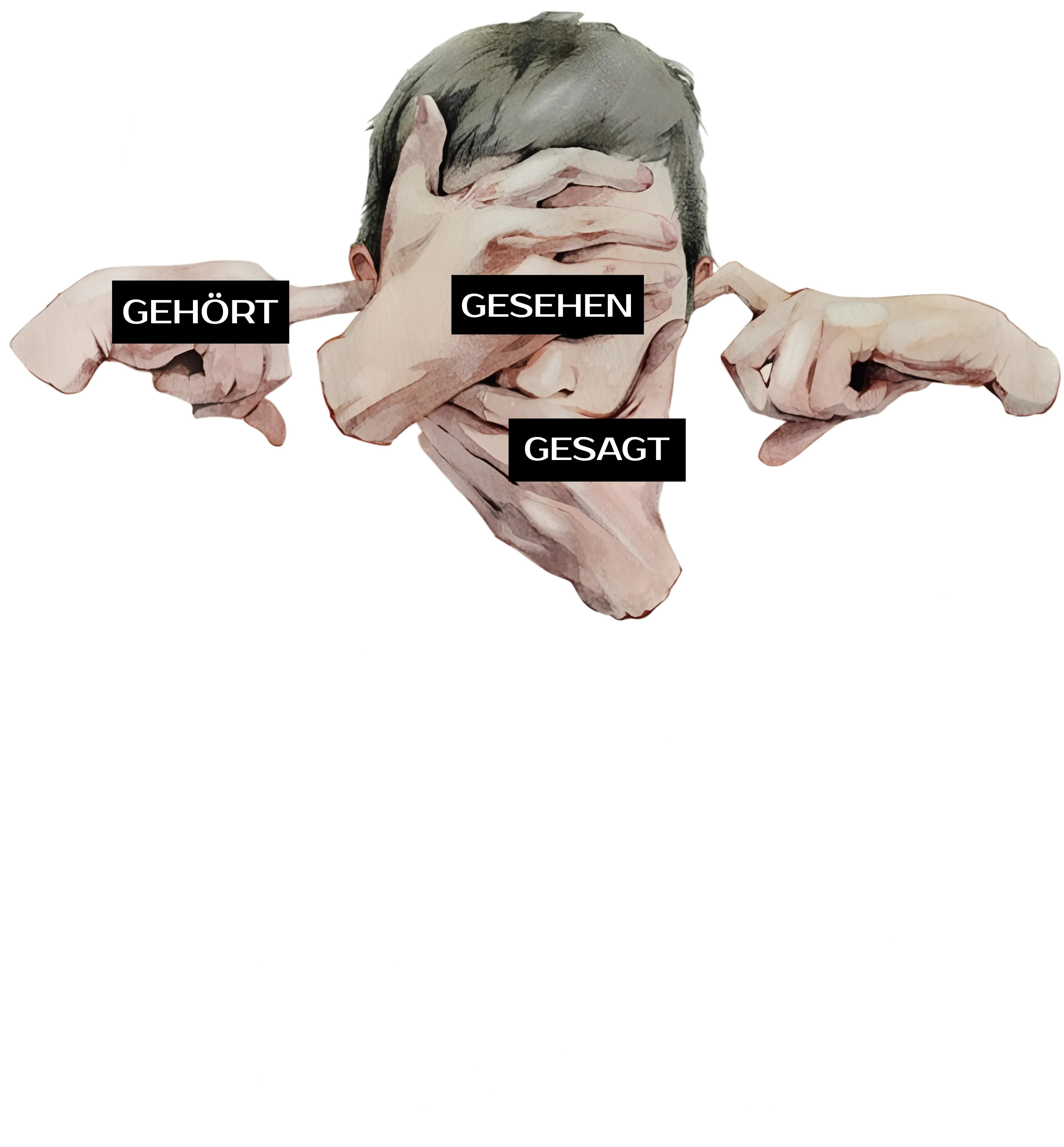 Person mit Händen die Augen Ohren Mund bedecken umgeben von Text GEHÖRT GESEHEN GESAGT ABI2X NIX Uno trotzdem geschafft und Namensliste