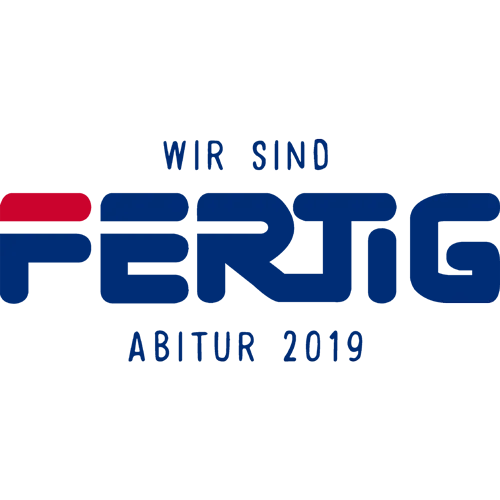 Grau meliertes T-Shirt mit der Aufschrift "WIR SIND FERTIG ABITUR 2019" in blau und rot.