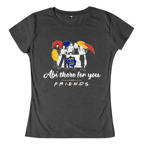 Sechs Personen mit Schirmen sitzen auf einem Sofa, Text "Abi there for you", "13 Jahre FRIENDS".