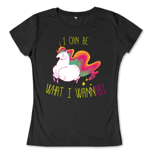 Ein buntes Einhorn mit Regenbogenmähne neben dem Text "I CAN BE WHAT I WANNABI".