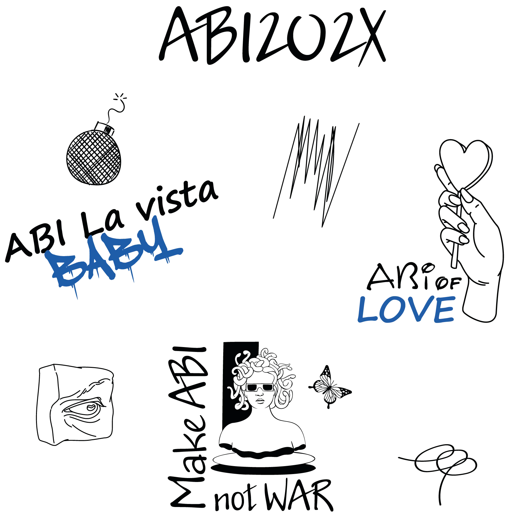 schwarzer hintergrund mit verstreuten graffiti doodles in schwarz und blau darunter eine blaue taggrafik und das wort LOVE in blockschrift