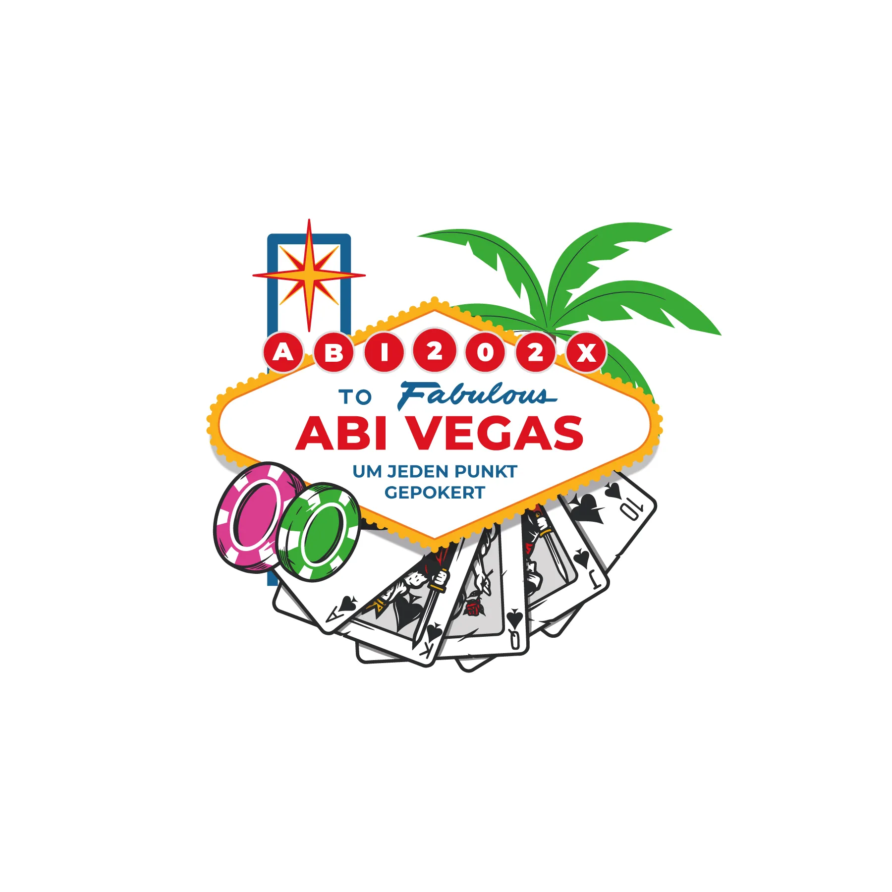 Logo im Stil des Las Vegas Schilds mit Aufschrift ABI202X to Fabulous ABI Vegas um jeden Punkt gepokert Palmen Pokerchips Spielkarten