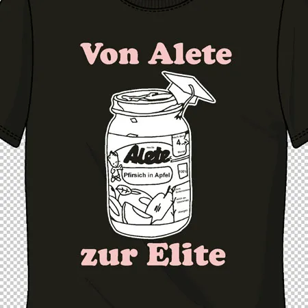 Grünes T-Shirt mit einem grafischen Aufdruck eines Einmachglases und Text "Von Alete zur Elite".