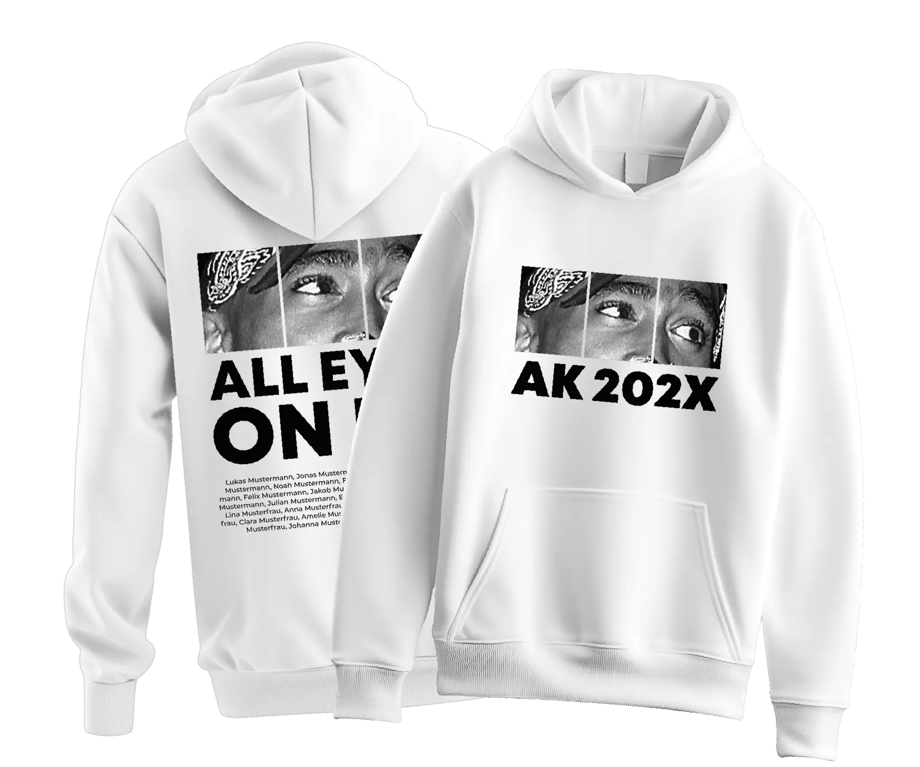 Weißer Kapuzenpullover mit drei Schwarzweiß Augenbildern und Text AK 202X vorne sowie drei Augenbildern und Schriftzug ALL EYES ON ME hinten