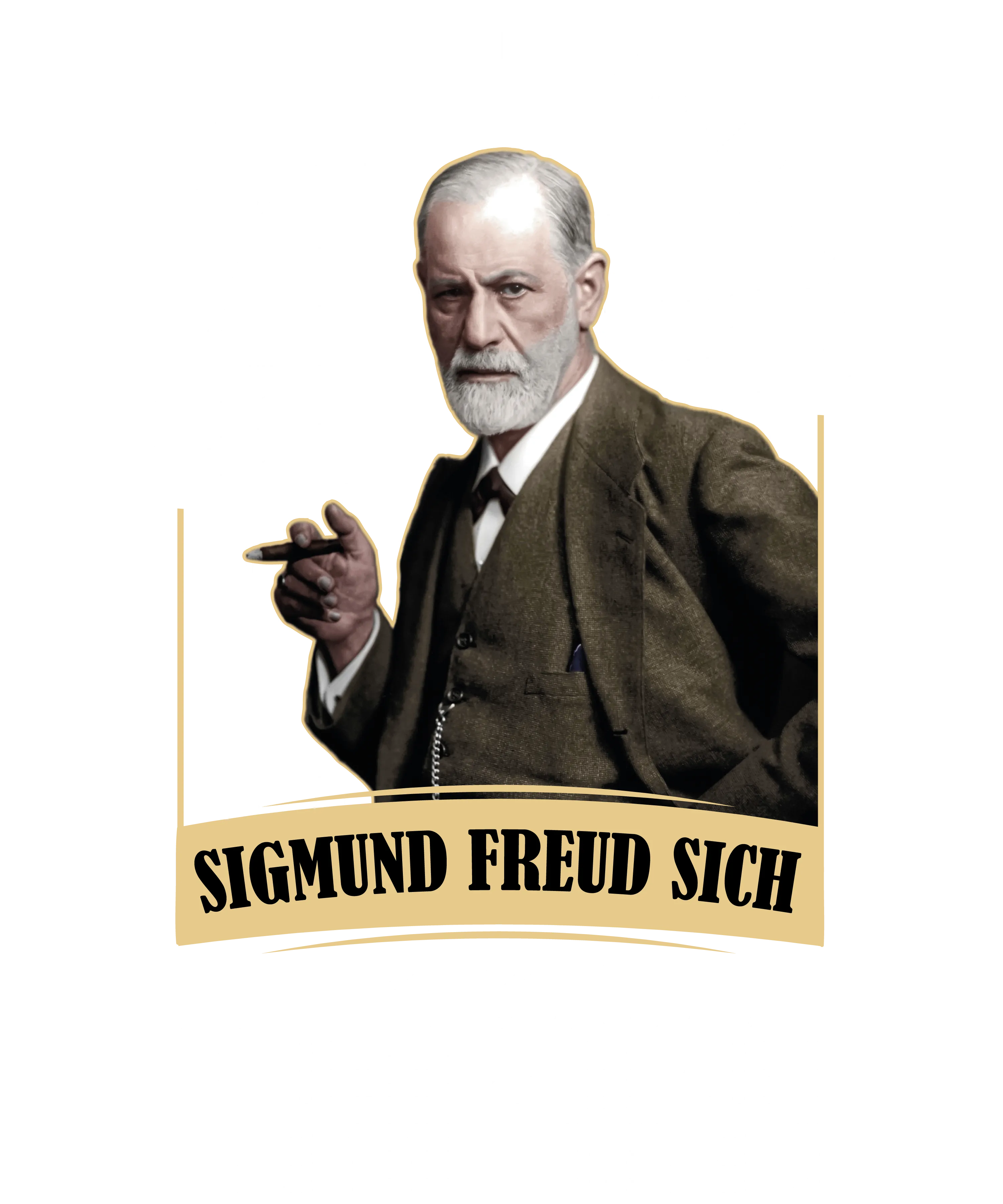 Sigmund Freud in braunem Anzug vor Gitterhintergrund mit Text Sigmund Freud Sich und wiederholten Namen Max Mustermann Lisa Musterfrau