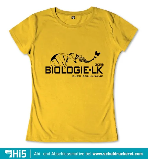 Gelbes T-Shirt-Design mit Dinosaurier-Skelett, "BIOLOGIE-LK 2015, EUER SCHULNAME" Text.