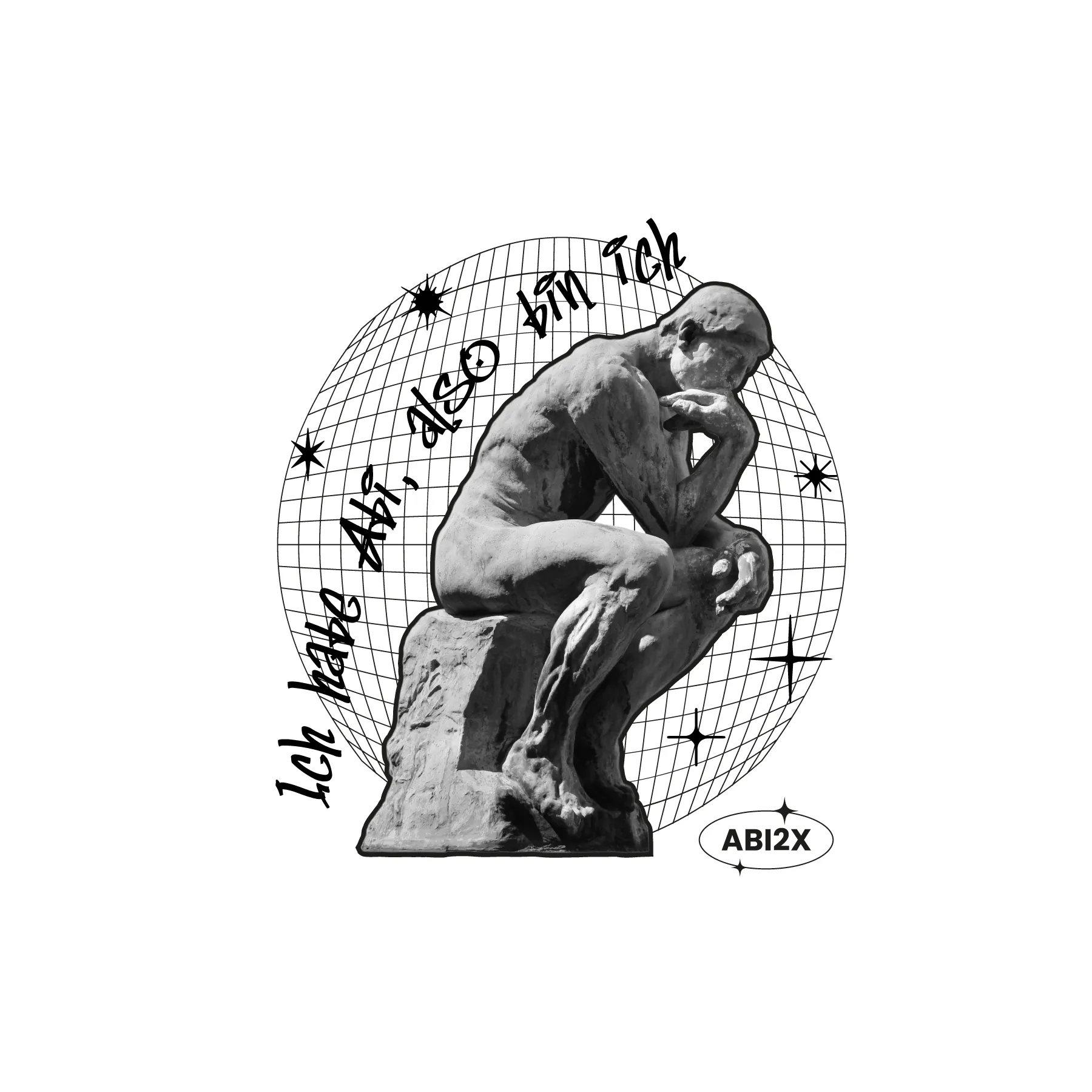 Skulptur eines sitzenden nackten Mannes in Denkpose vor Gittersphaere mit Text Ich habe Abi also bin ich und Logo ABI2X