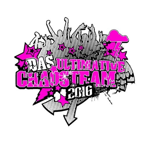 Design eines Abi-Motivs mit Text 'Das ultimative Chaos Team 2016' in Weiß und Pink auf blauem Hintergrund.