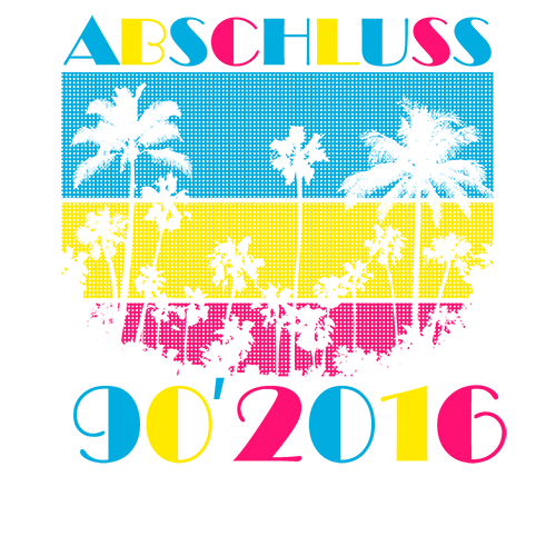 Grafisches T-Shirt-Design mit dem Wort 'ABSCHLUSS' und Datumsbereich '90'2016' unter einem bunten, pixeligen Sonnenuntergang mit Palmen.