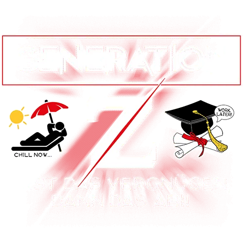 Grafik mit 'Generation Z' Text, Figur unter Sonnenschirm, Akademikerhut und Diploma, Aufschrift 'Chill now... work later!'