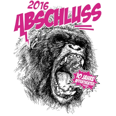 Graues T-Shirt Design mit einem brüllenden Gorilla, Schriftzug '2016 ABSCHLUSS', pinken Akzenten und '10 Jahre Affentheater' Logo.