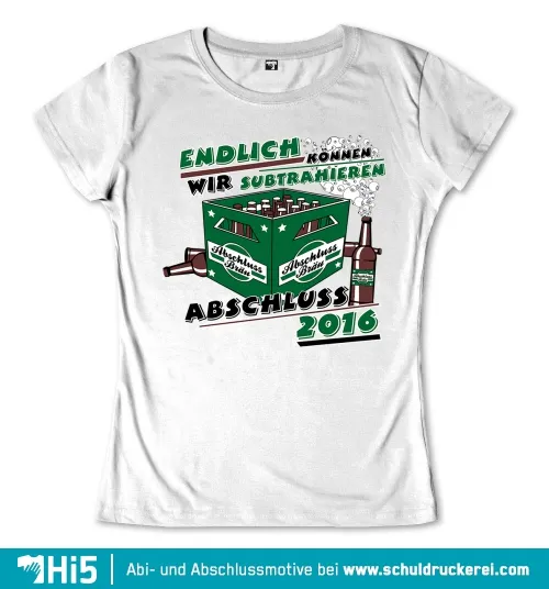 Illustration einer grünen Bierkiste mit Flaschen, Text "Endlich können wir subtrahieren. Abschluss 2016".