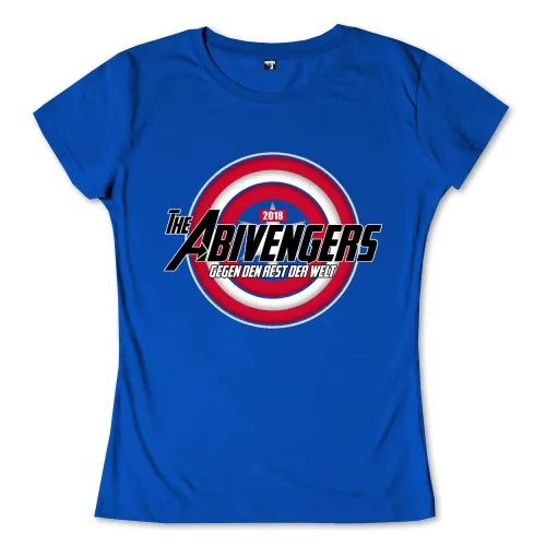 Rotes, weißes und blaues Logo mit Text "The Abivengers 2018 Gegen den Rest der Welt" auf blauem Hintergrund.