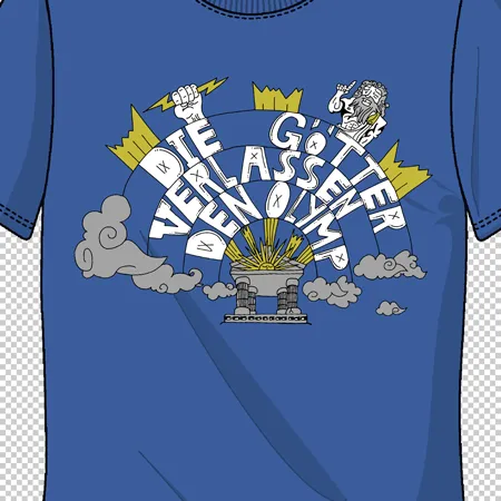 T-Shirt mit grafischem Design eines Throns zwischen Wolken, umgeben von zwei abstrakten Figuren und dem Text "Die Götter verlassen ihn".