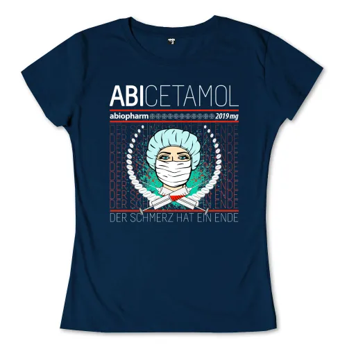 Abstrakte Illustration einer medizinischen Fachkraft mit Maske und Spritze, umgeben von Text und Dekoration.